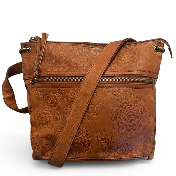 Fossil Handbags - Fossil Sasha Floral Tooled Leather Crossbody Bag - British Tan